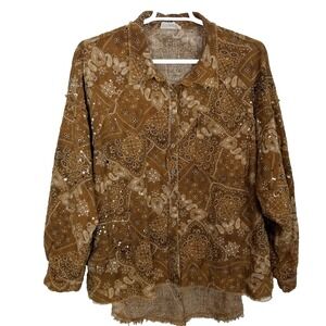 Oli & Hali Women Paisley Boho Blouse Sz L Brown Artsy Distressed Relaxed Button